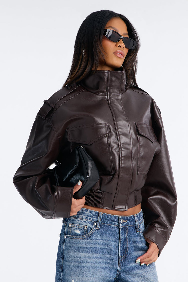 Midnight Moves Faux Leather Bomber Jacket - Chocolate.