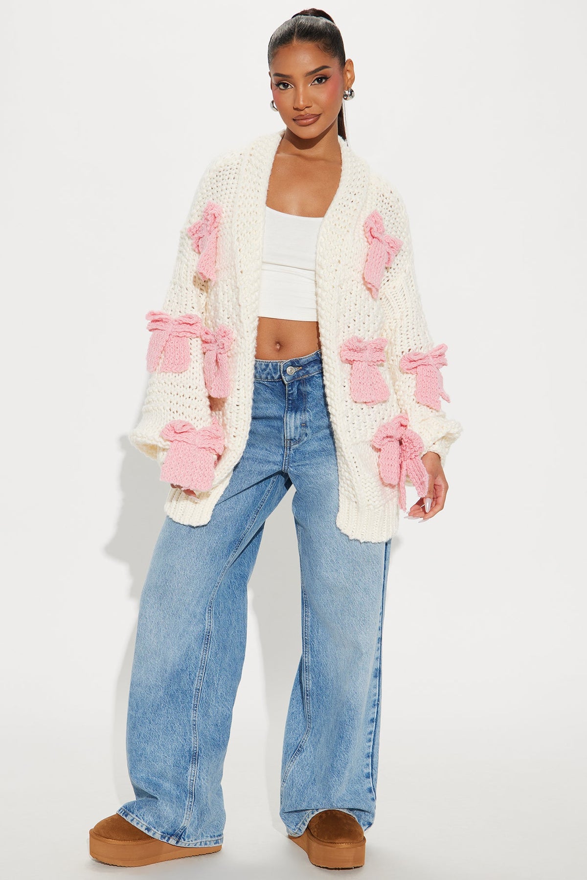 In My Bow Era Chunky Knit Cardigan - Pink/combo.