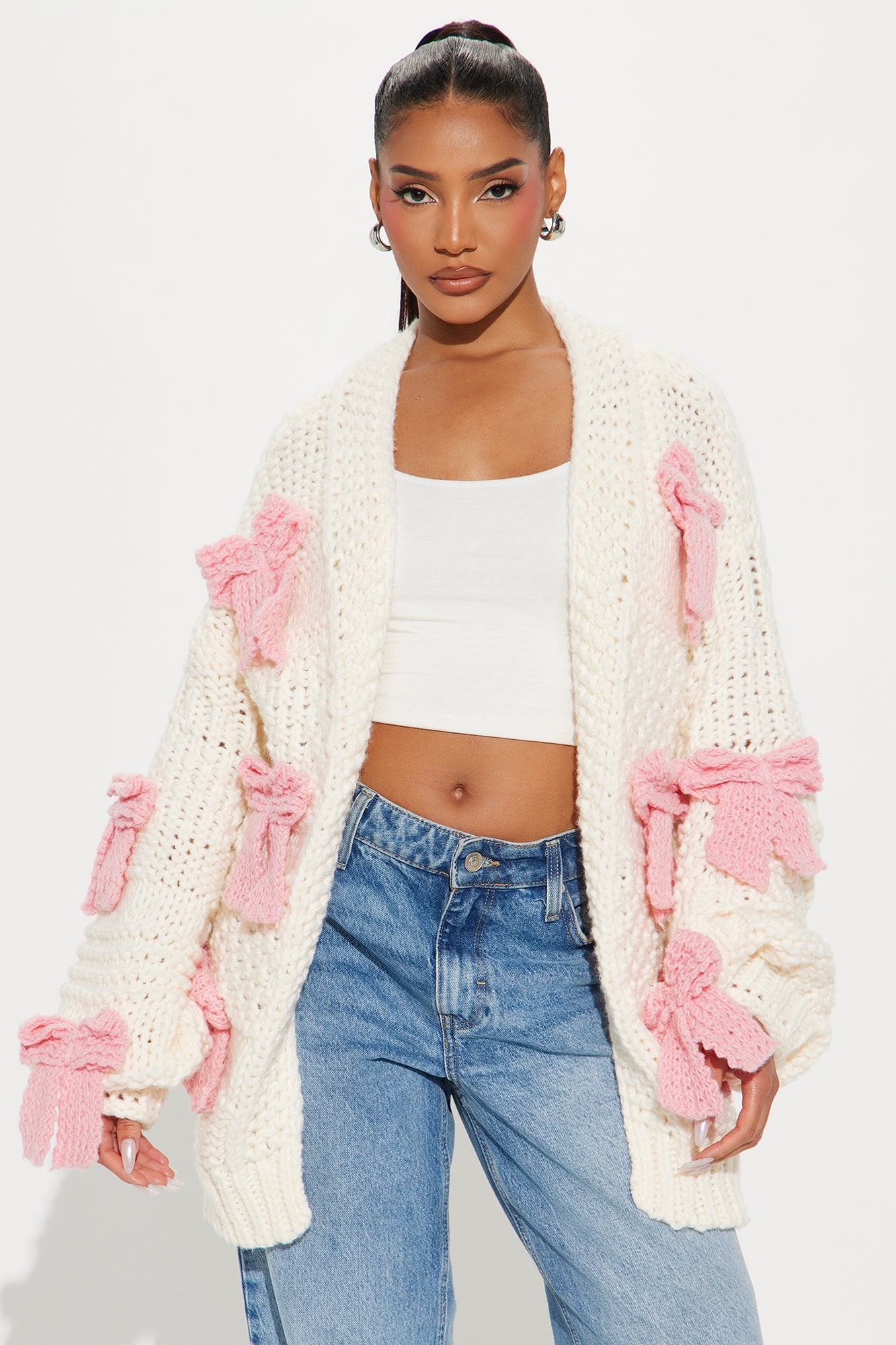 In My Bow Era Chunky Knit Cardigan - Pink/combo.