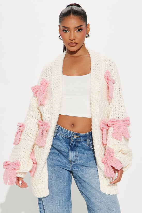 In My Bow Era Chunky Knit Cardigan - Pink/combo.