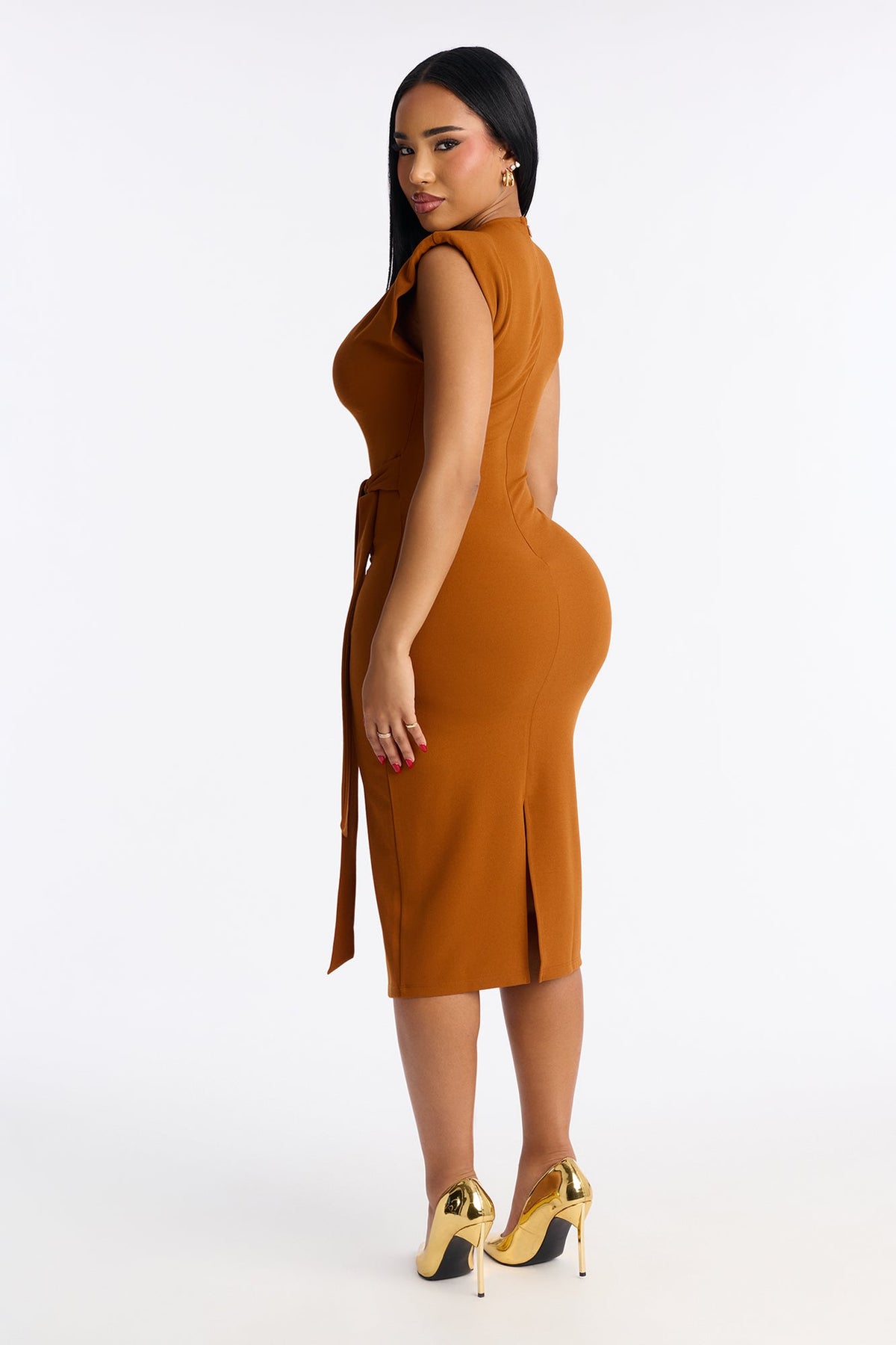 Camilla Tie Waist Midi Dress - Rust.