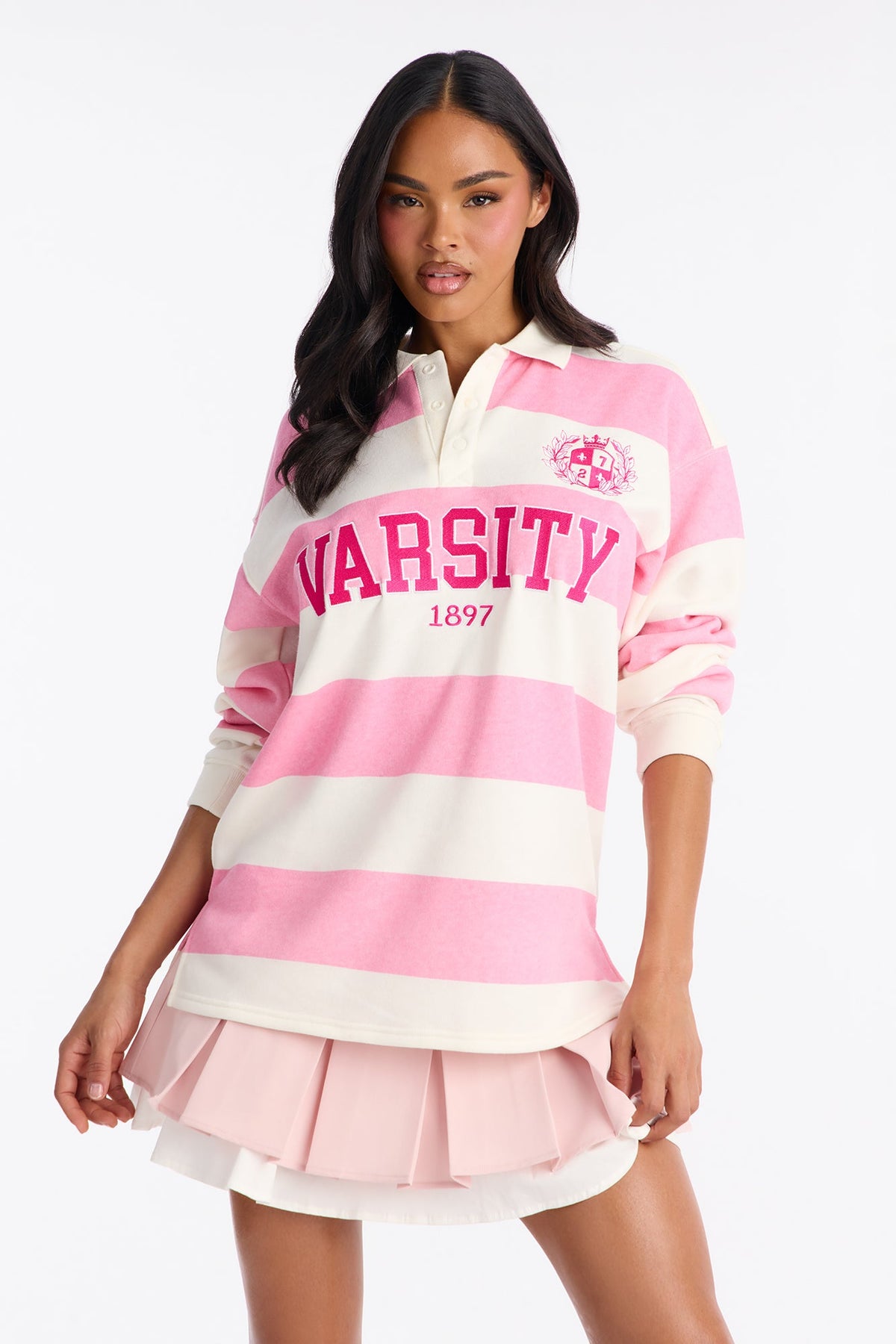 Varsity Striped Long Sleeve Polo - Pink.