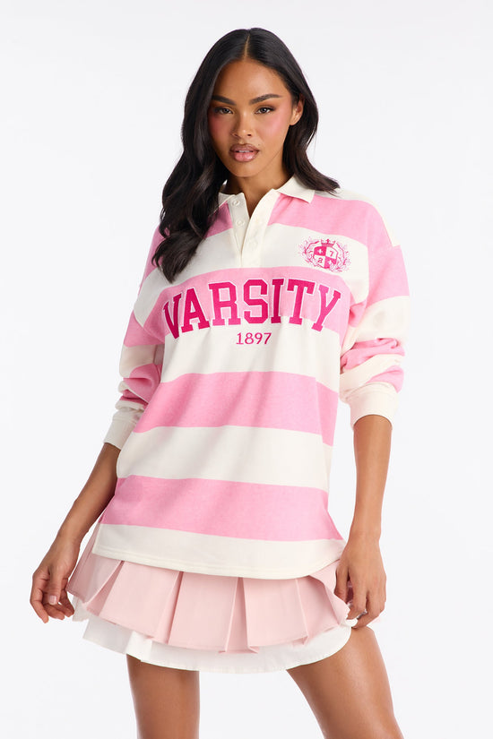 Varsity Striped Long Sleeve Polo - Pink.