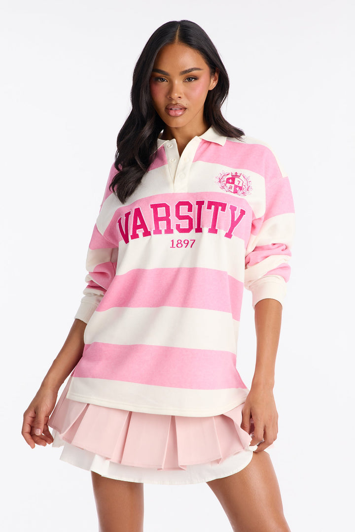 Varsity Striped Long Sleeve Polo - Pink.