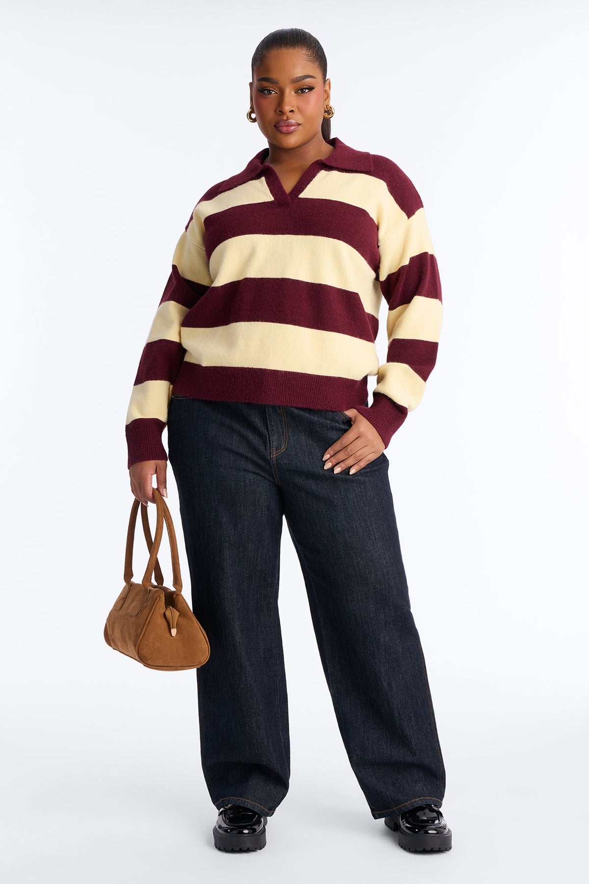 Study Date Collared Striped Sweater - Burgundy/combo.