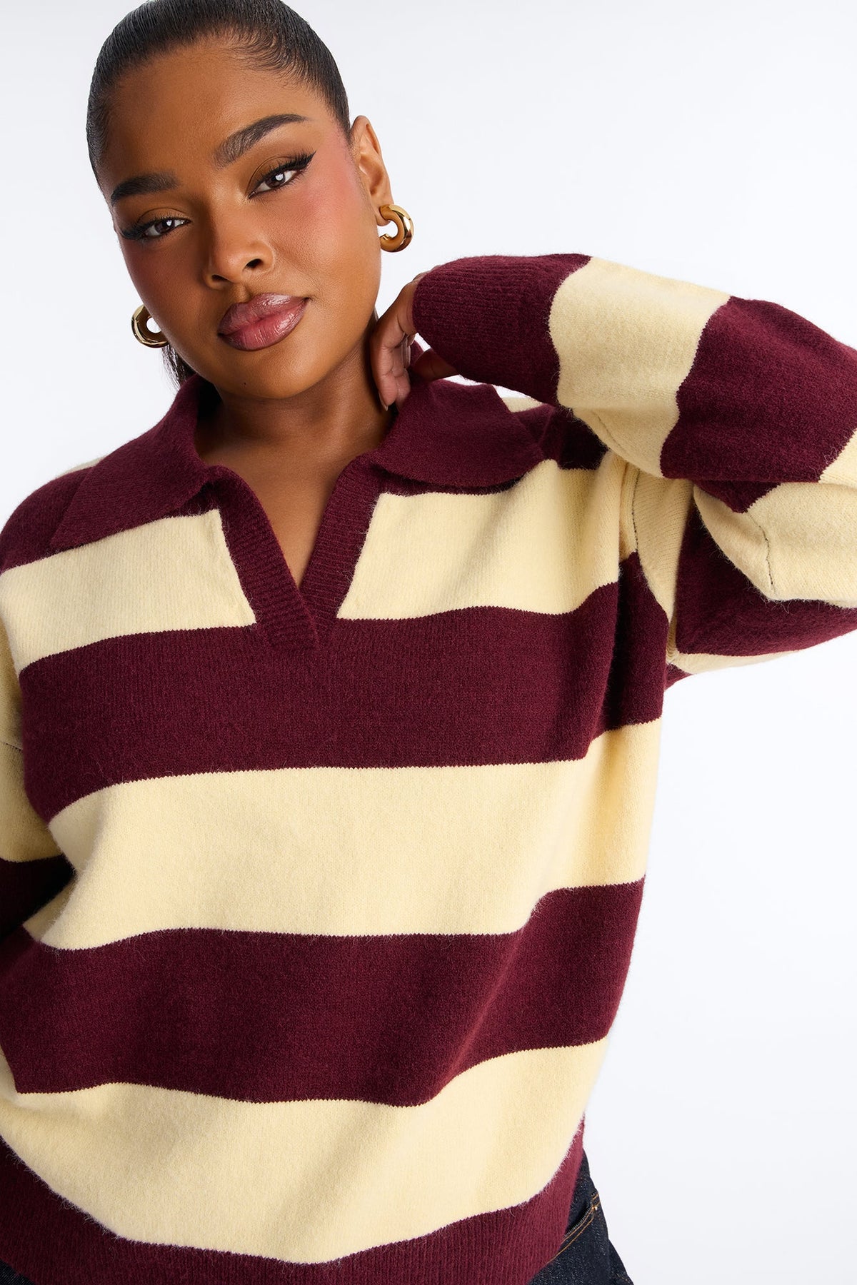 Study Date Collared Striped Sweater - Burgundy/combo.
