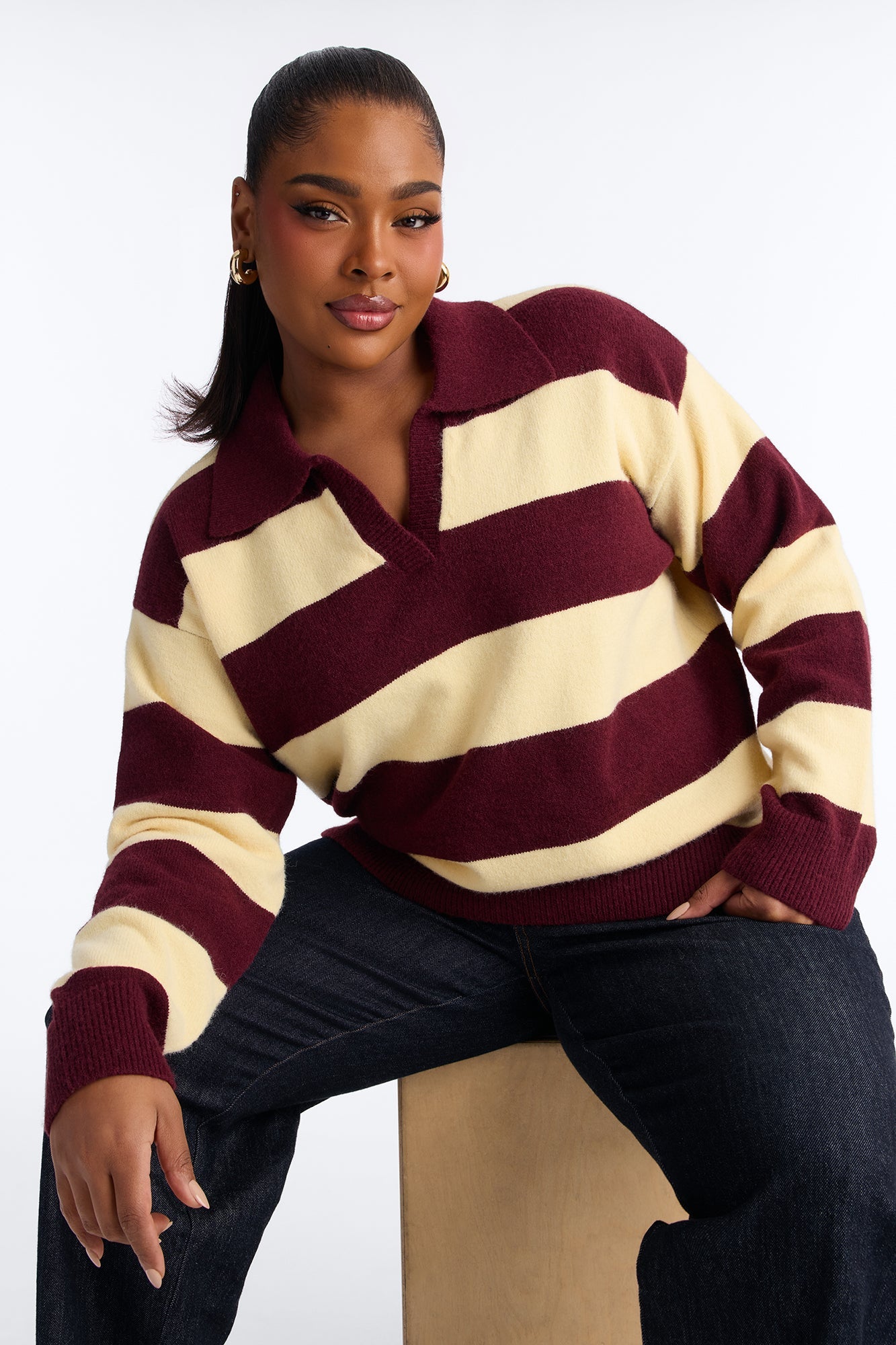 Study Date Collared Striped Sweater - Burgundy/combo.