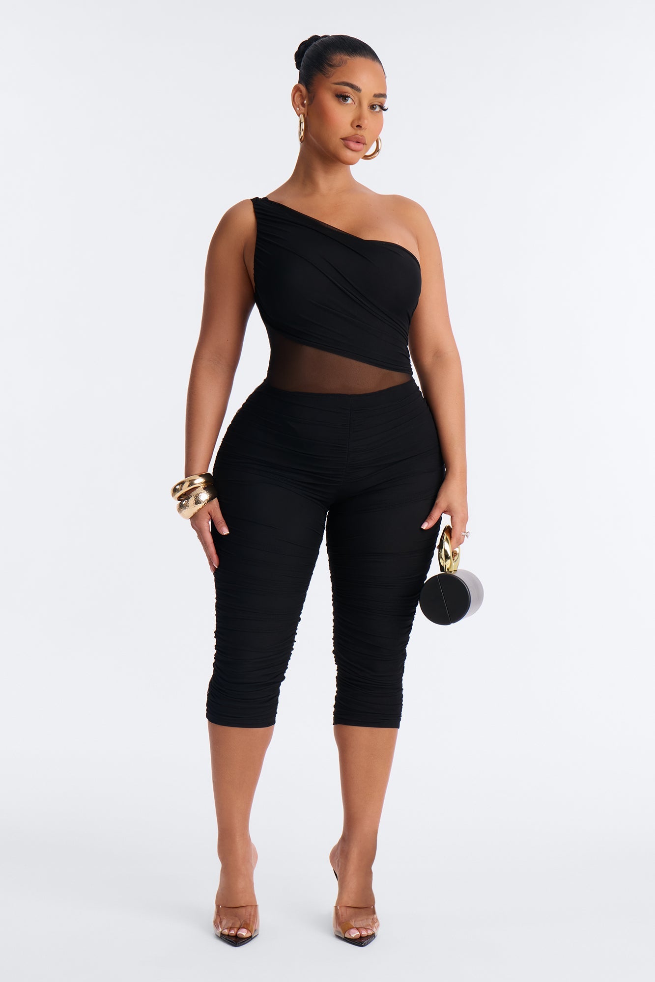 Aria Mesh Cut Out Capri Catsuit - Black.