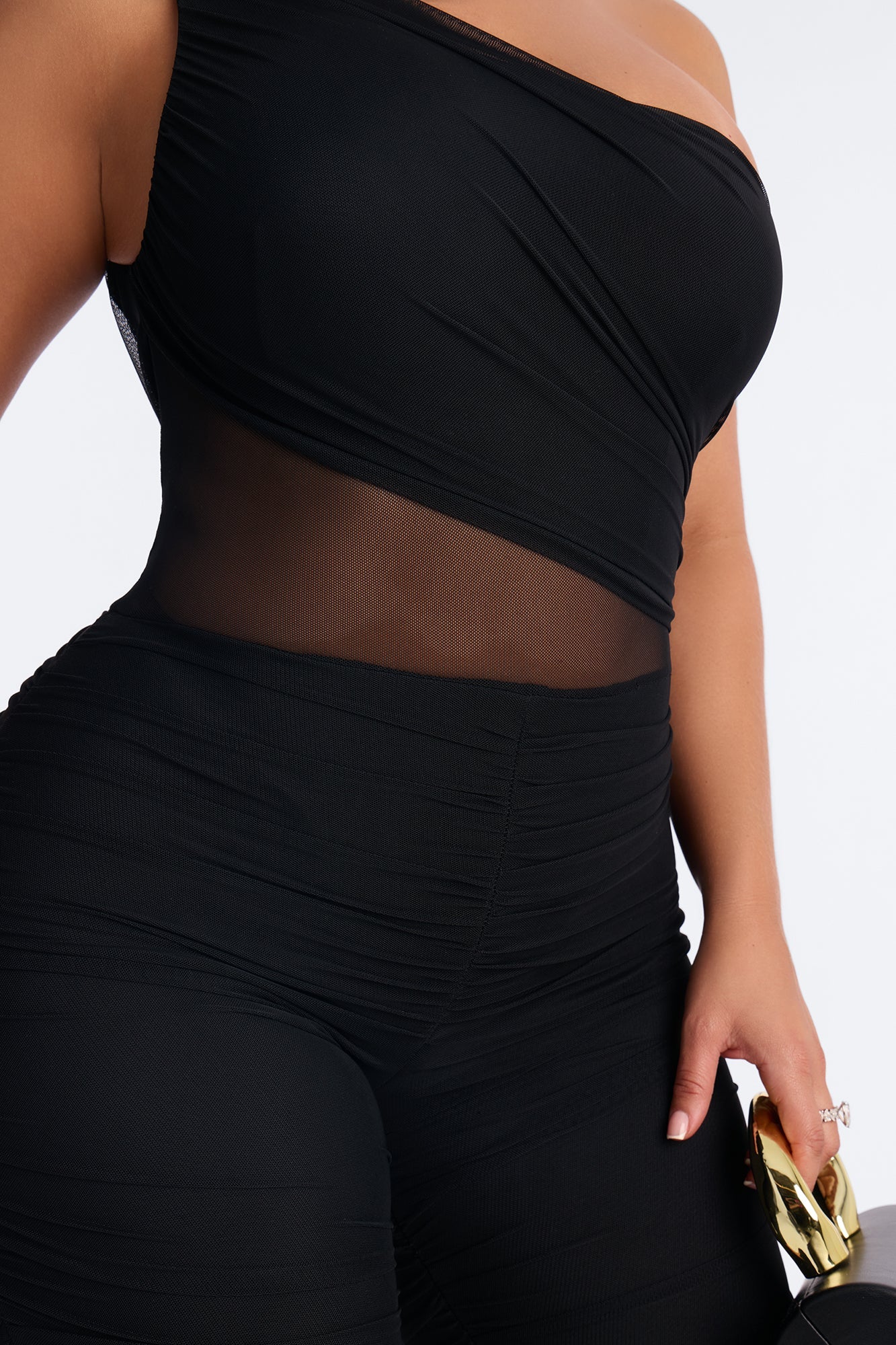 Aria Mesh Cut Out Capri Catsuit - Black.