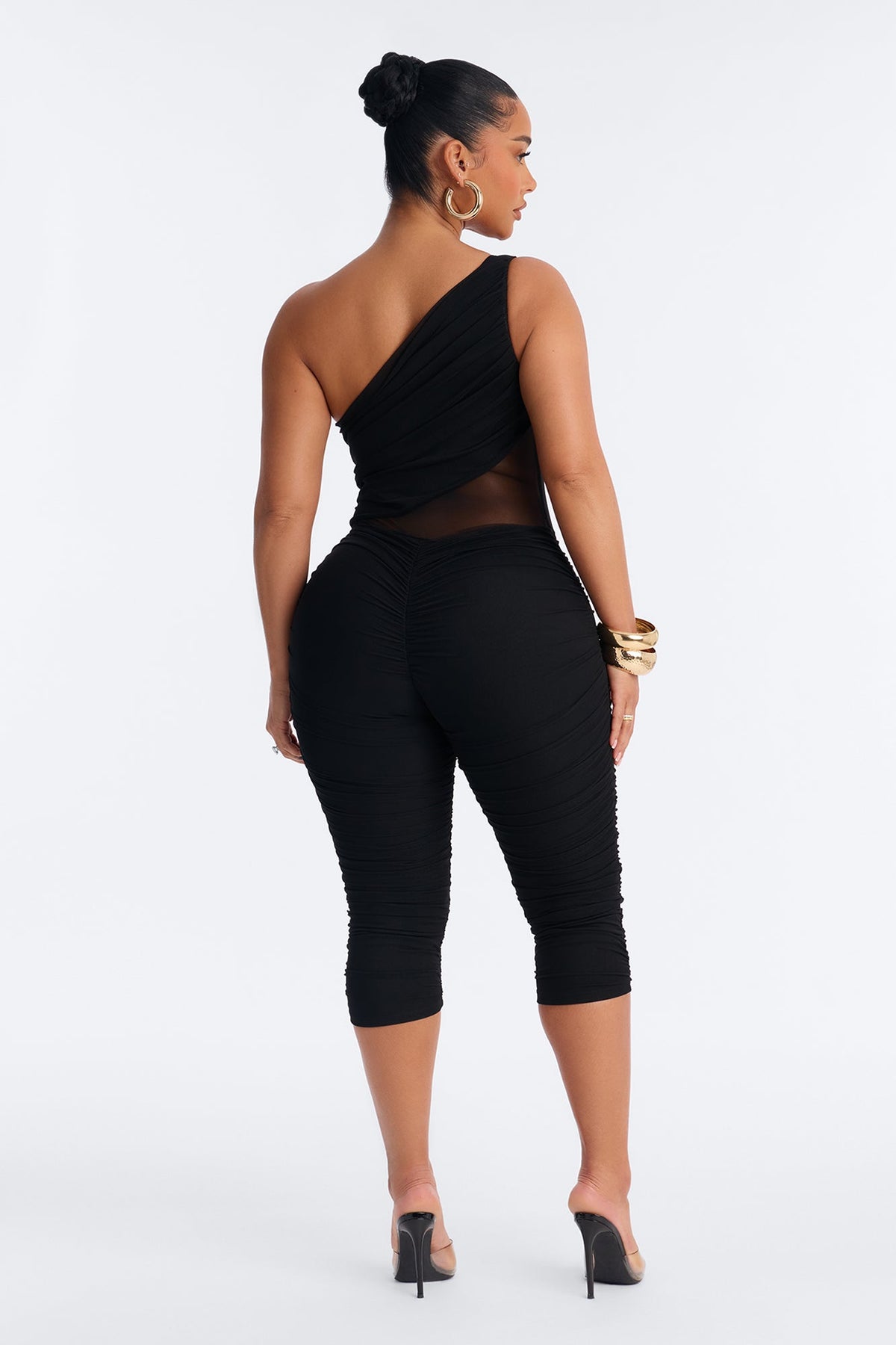 Aria Mesh Cut Out Capri Catsuit - Black.