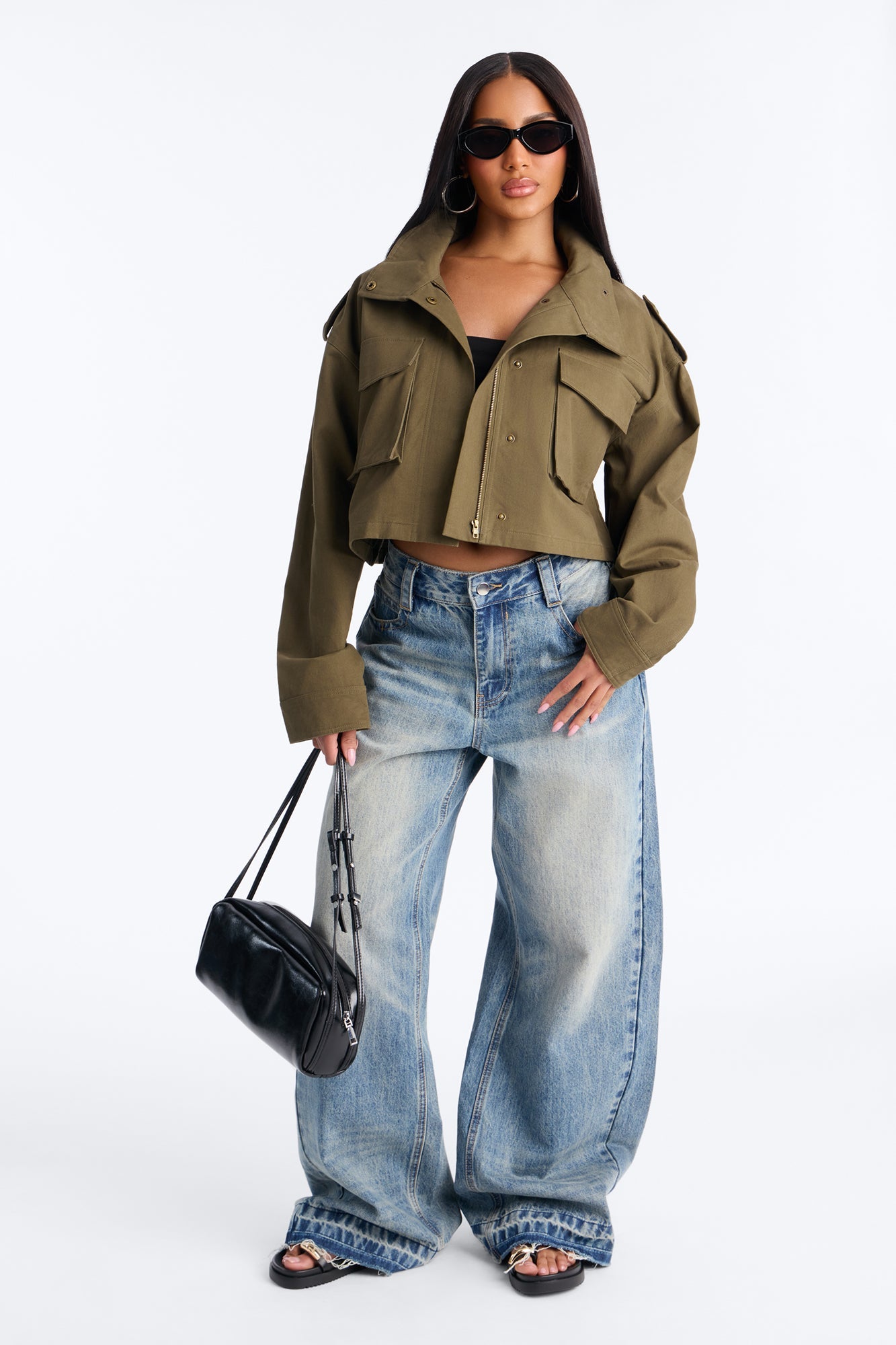 Mission Accomplished Cropped Funnel Neck Utility Jacket - Olive.