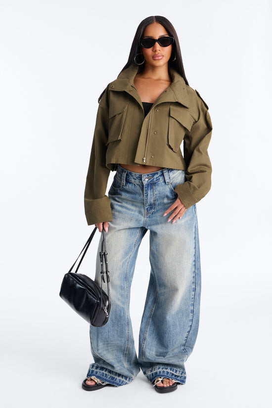 Mission Accomplished Cropped Funnel Neck Utility Jacket - Olive.