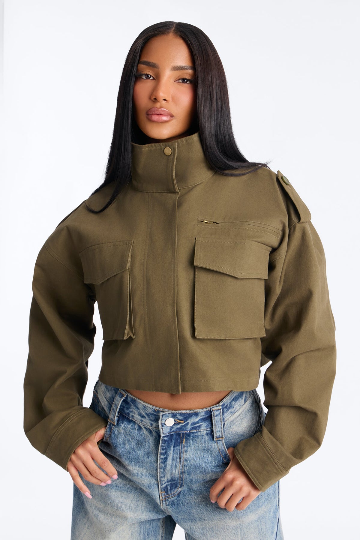 Mission Accomplished Cropped Funnel Neck Utility Jacket - Olive.