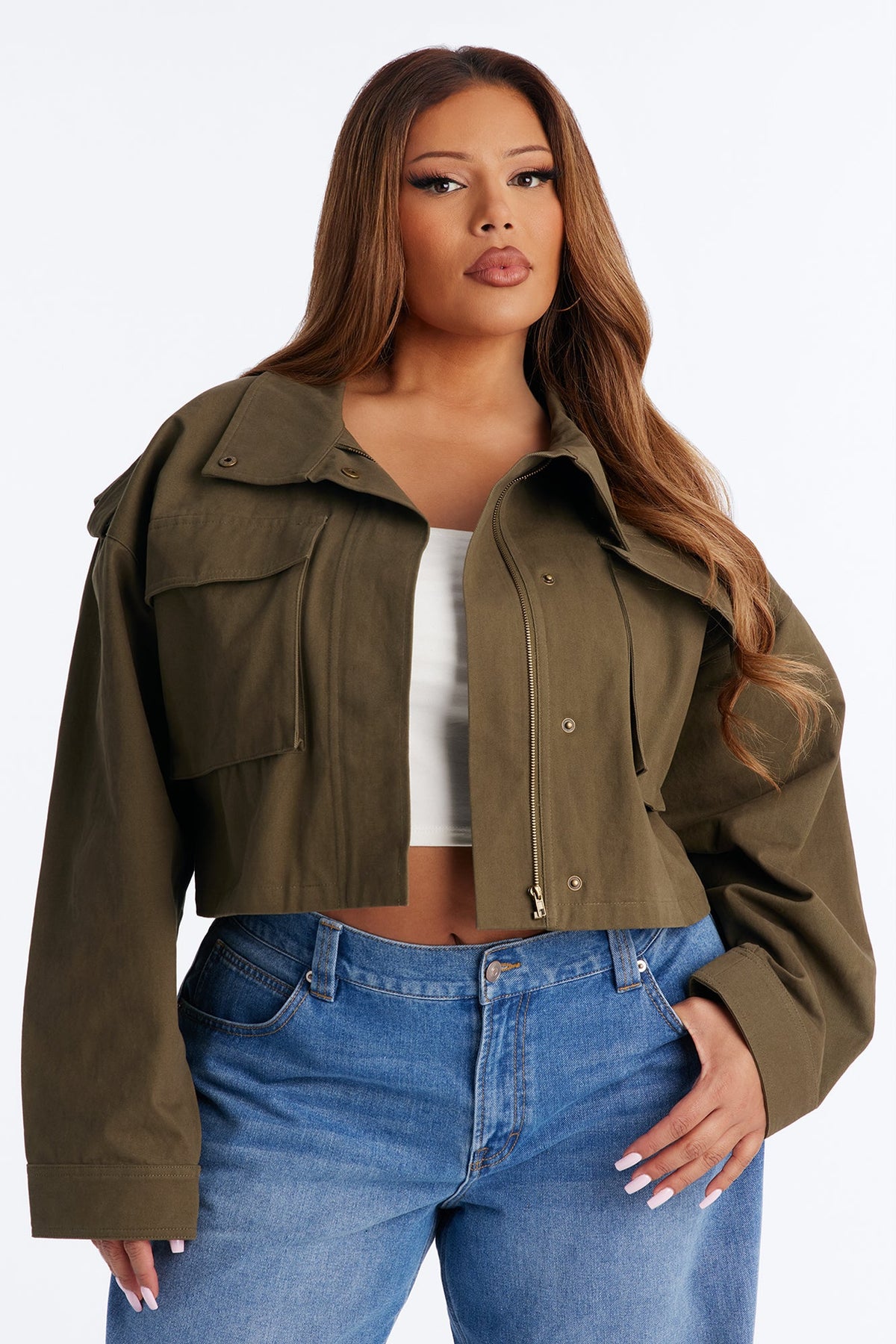 Mission Accomplished Cropped Funnel Neck Utility Jacket - Olive.