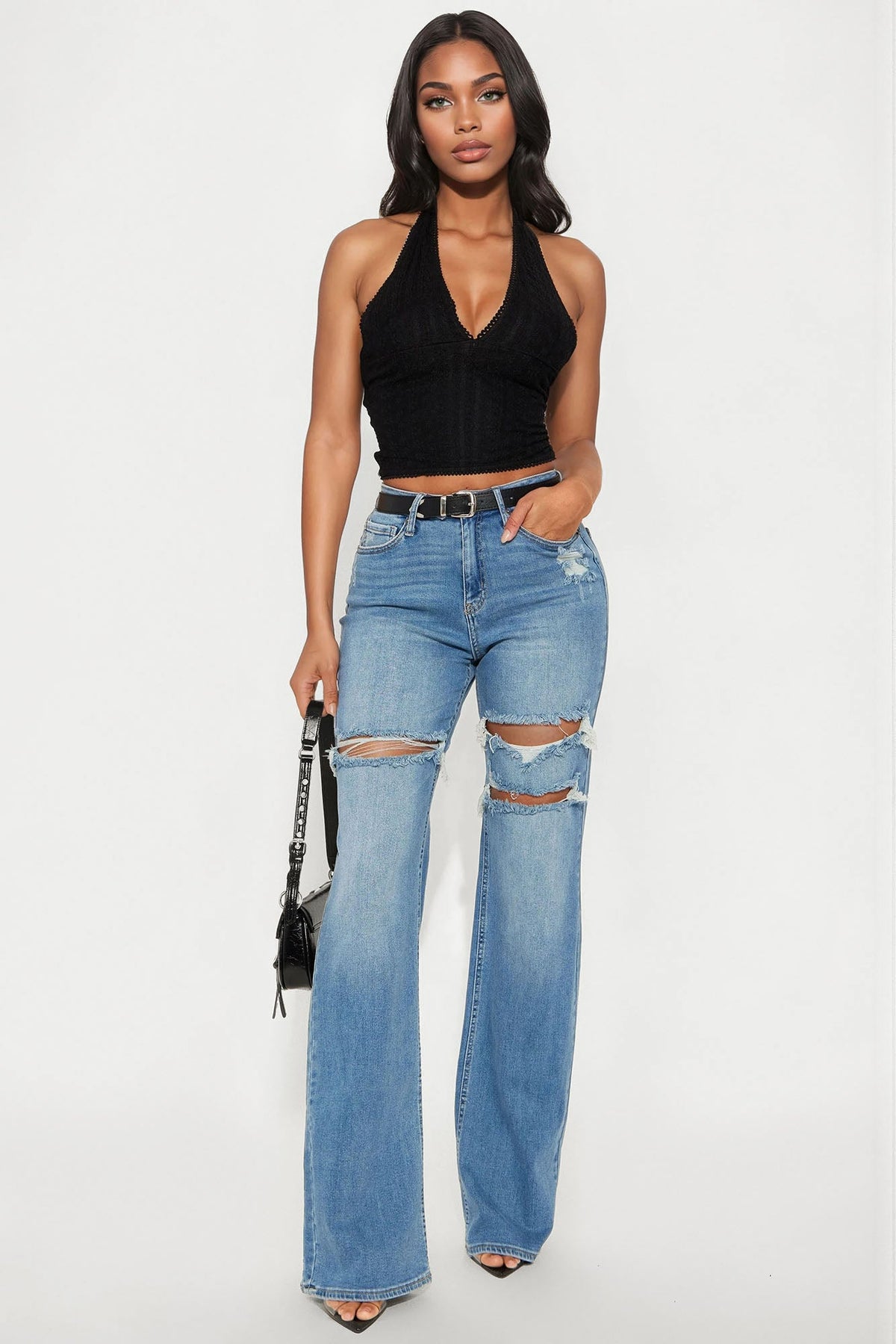 Tall Remi Ripped Stretch Baggy Jeans - Medium Wash.