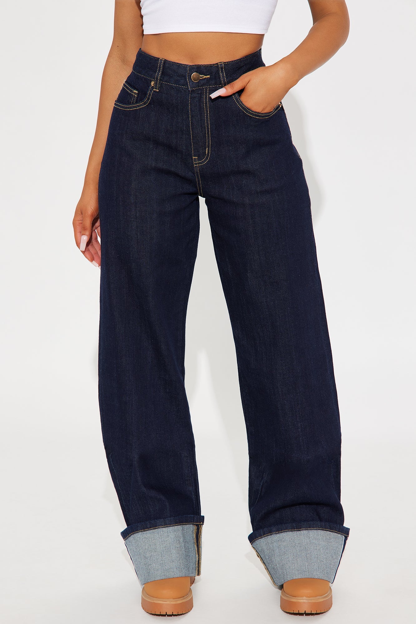 Tall Premium Cuffed Straight Leg Jeans - Dark Wash.