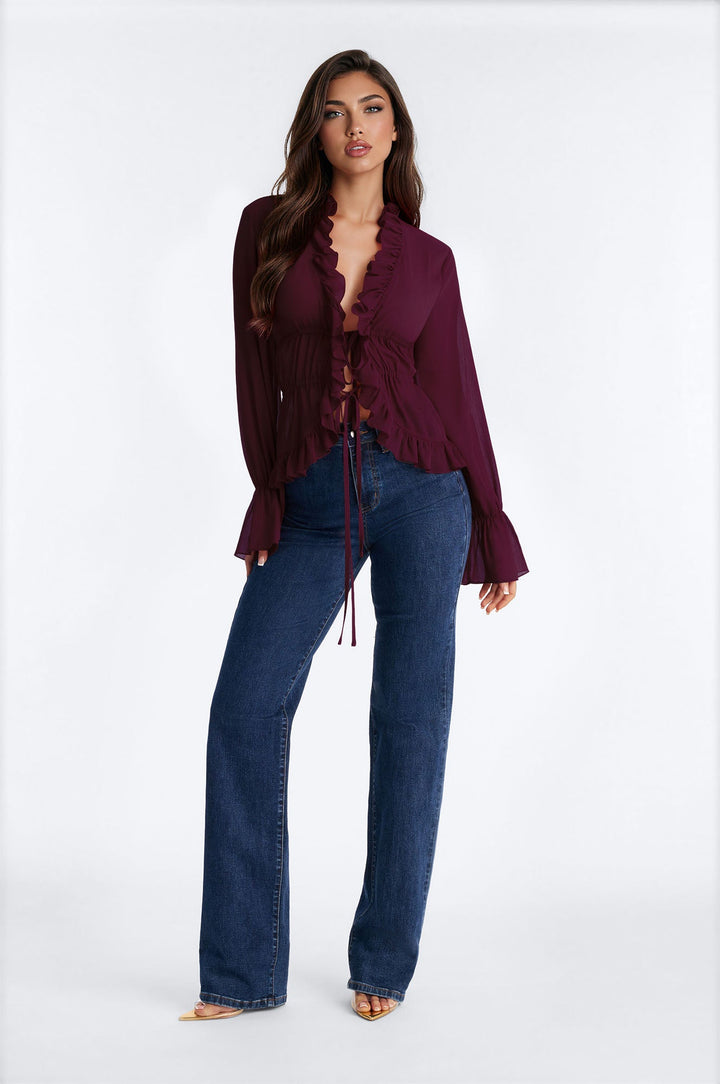 About Me Flyaway Chiffon Ruffle Top - Plum.