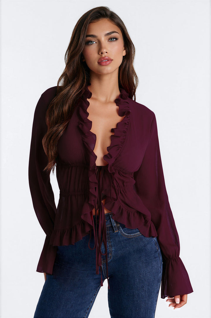 About Me Flyaway Chiffon Ruffle Top - Plum.