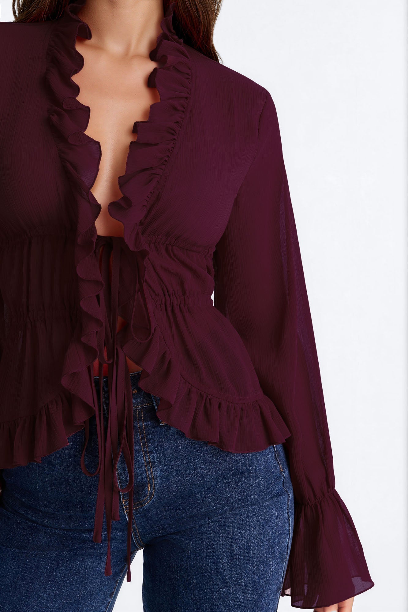 About Me Flyaway Chiffon Ruffle Top - Plum.