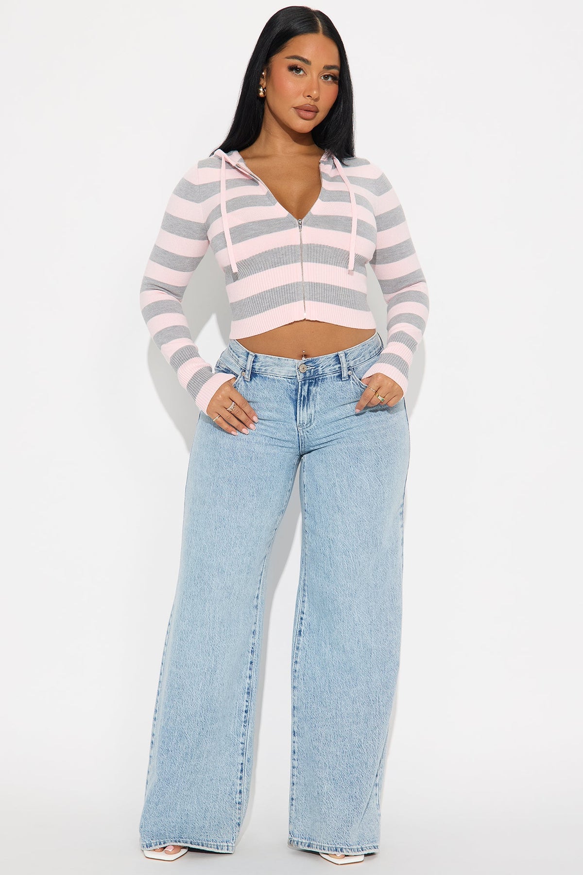 Simple Pleasures Front Zip Striped Cropped Sweater - Pink/combo.