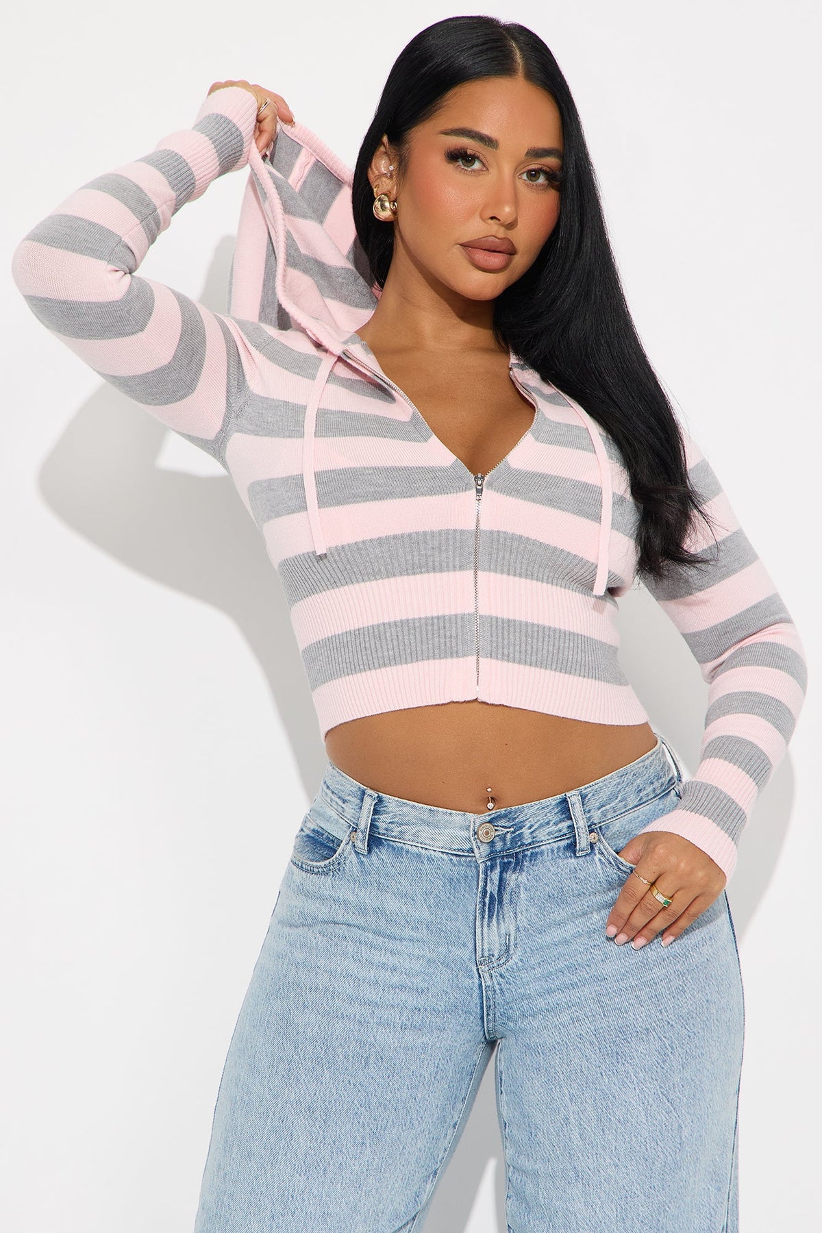 Simple Pleasures Front Zip Striped Cropped Sweater - Pink/combo.