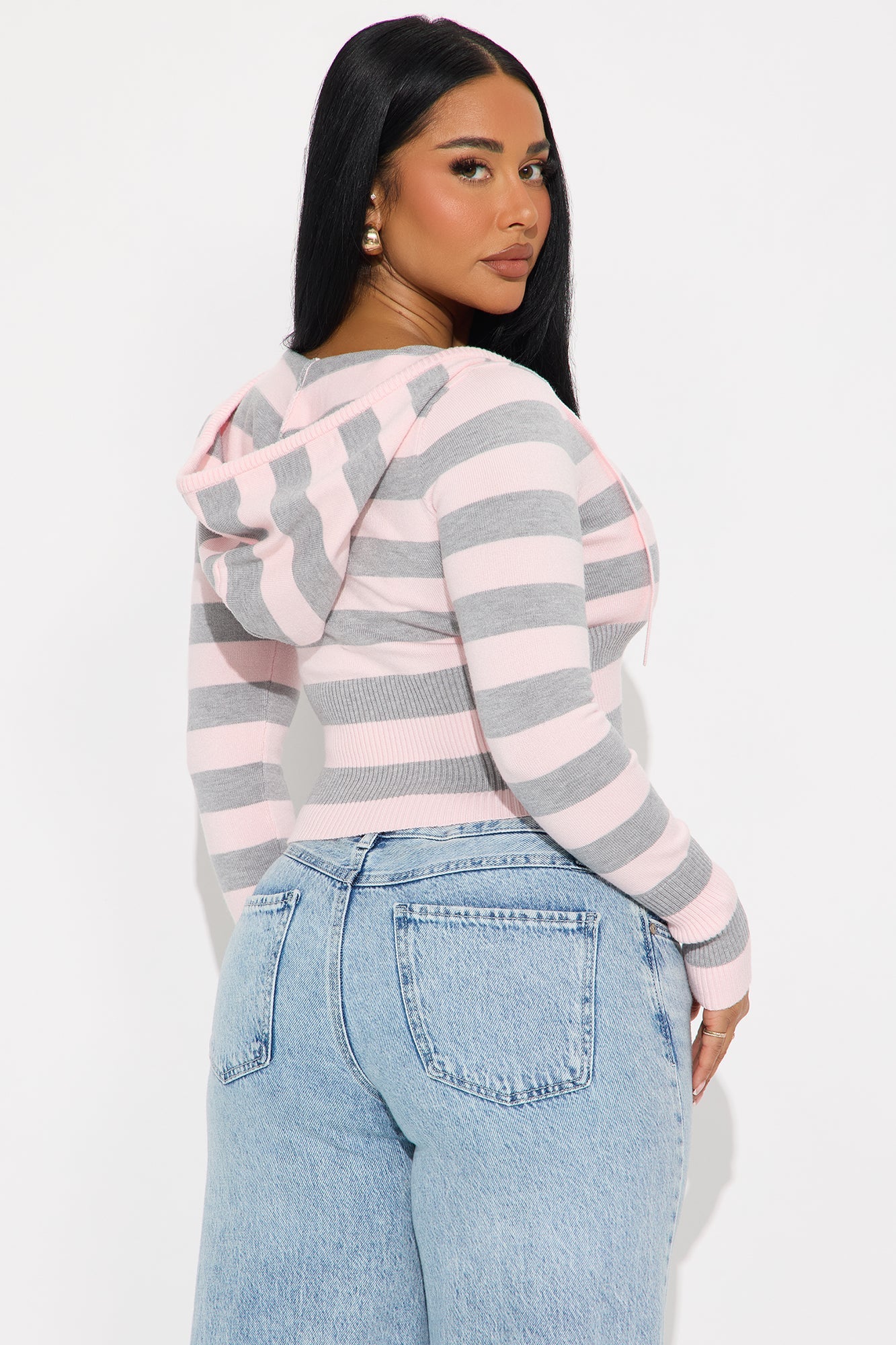 Simple Pleasures Front Zip Striped Cropped Sweater - Pink/combo.