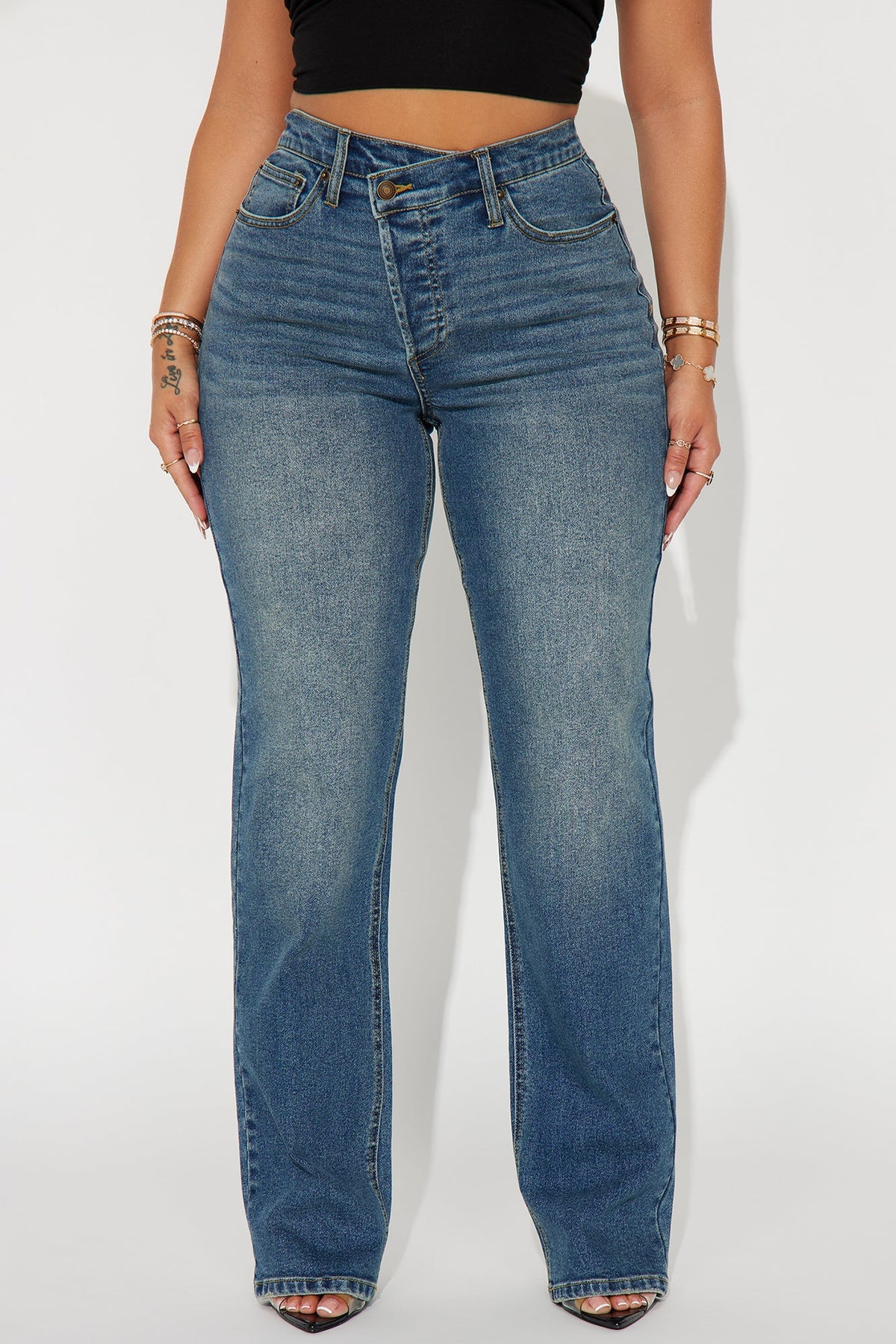 In Sync Stretch Crossover Straight Leg Jeans - Dark Wash.