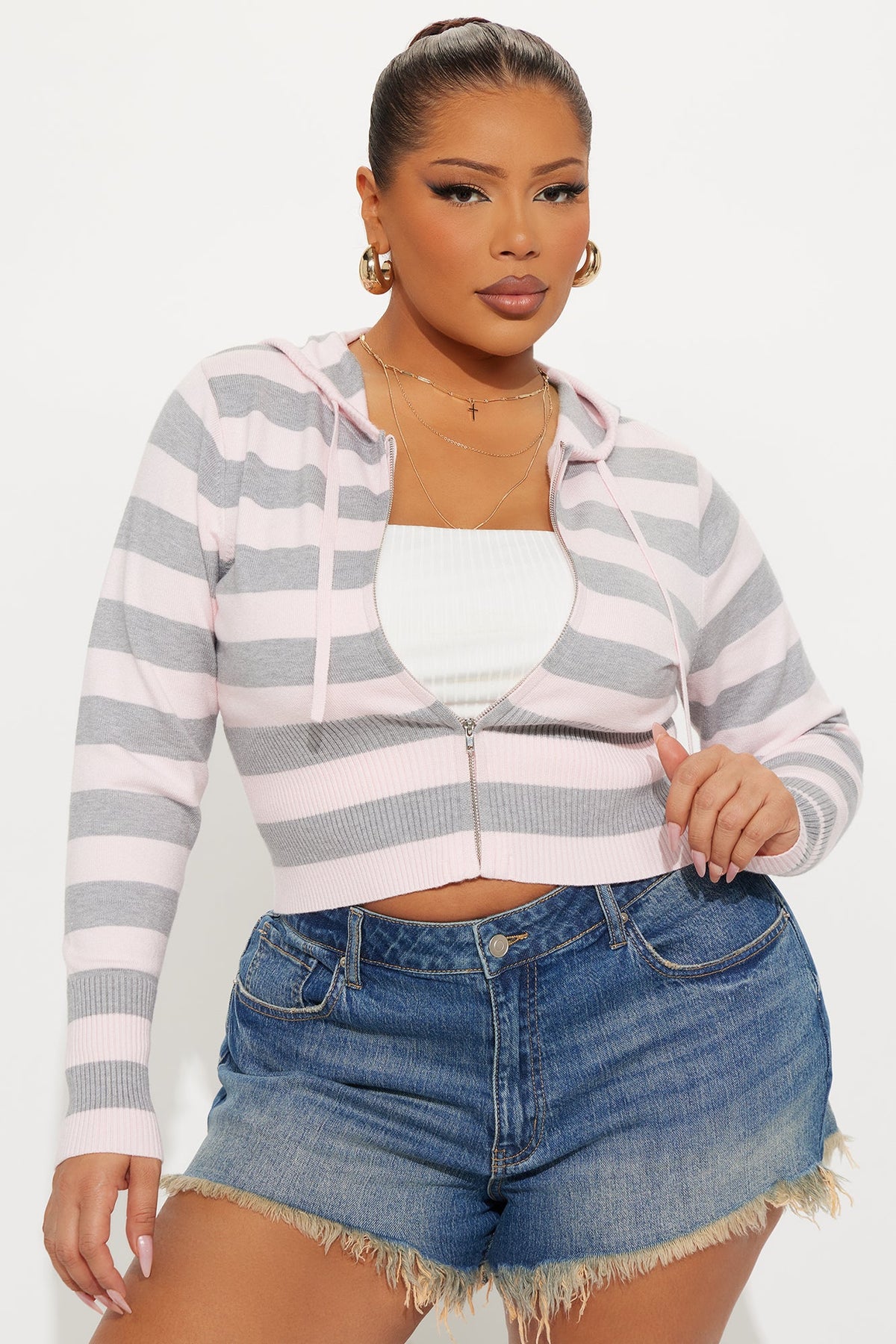 Simple Pleasures Front Zip Striped Cropped Sweater - Pink/combo.