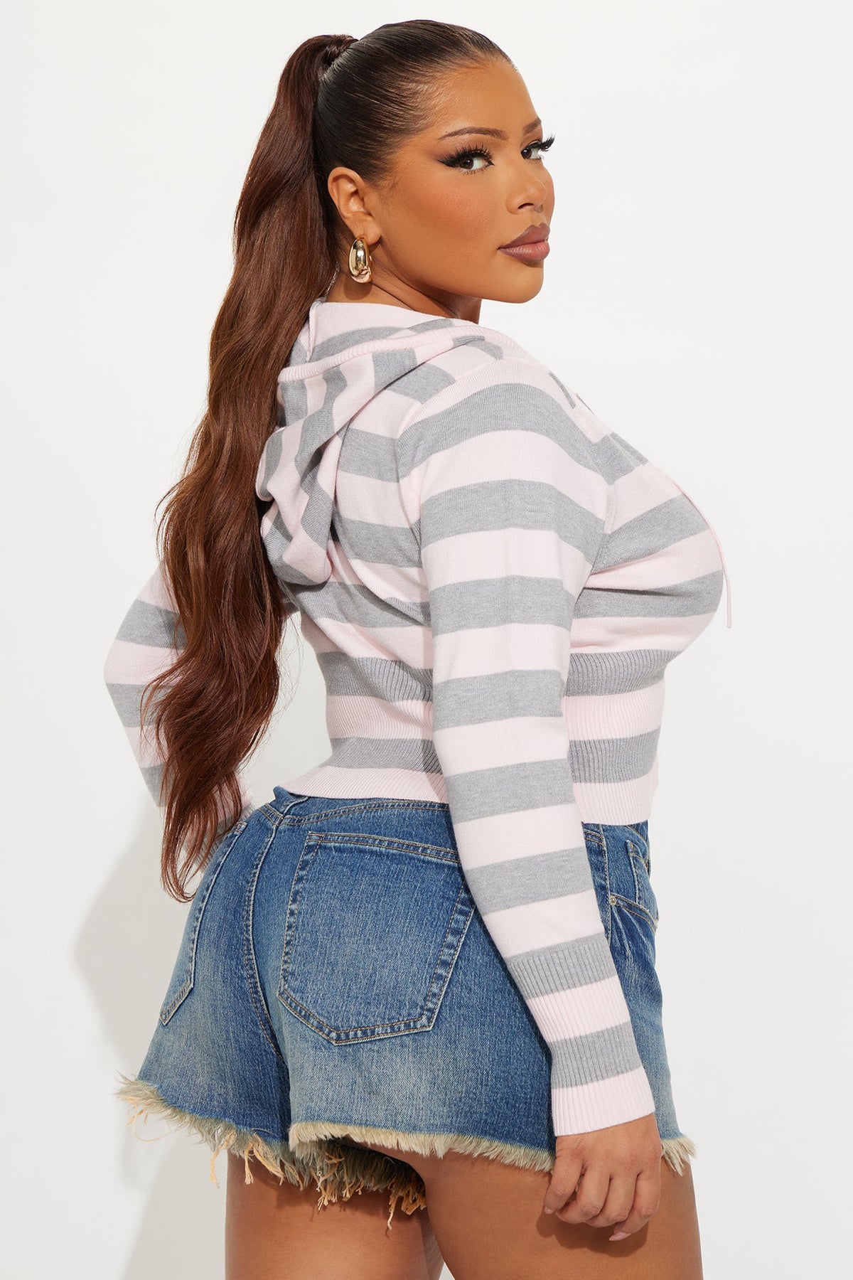 Simple Pleasures Front Zip Striped Cropped Sweater - Pink/combo.