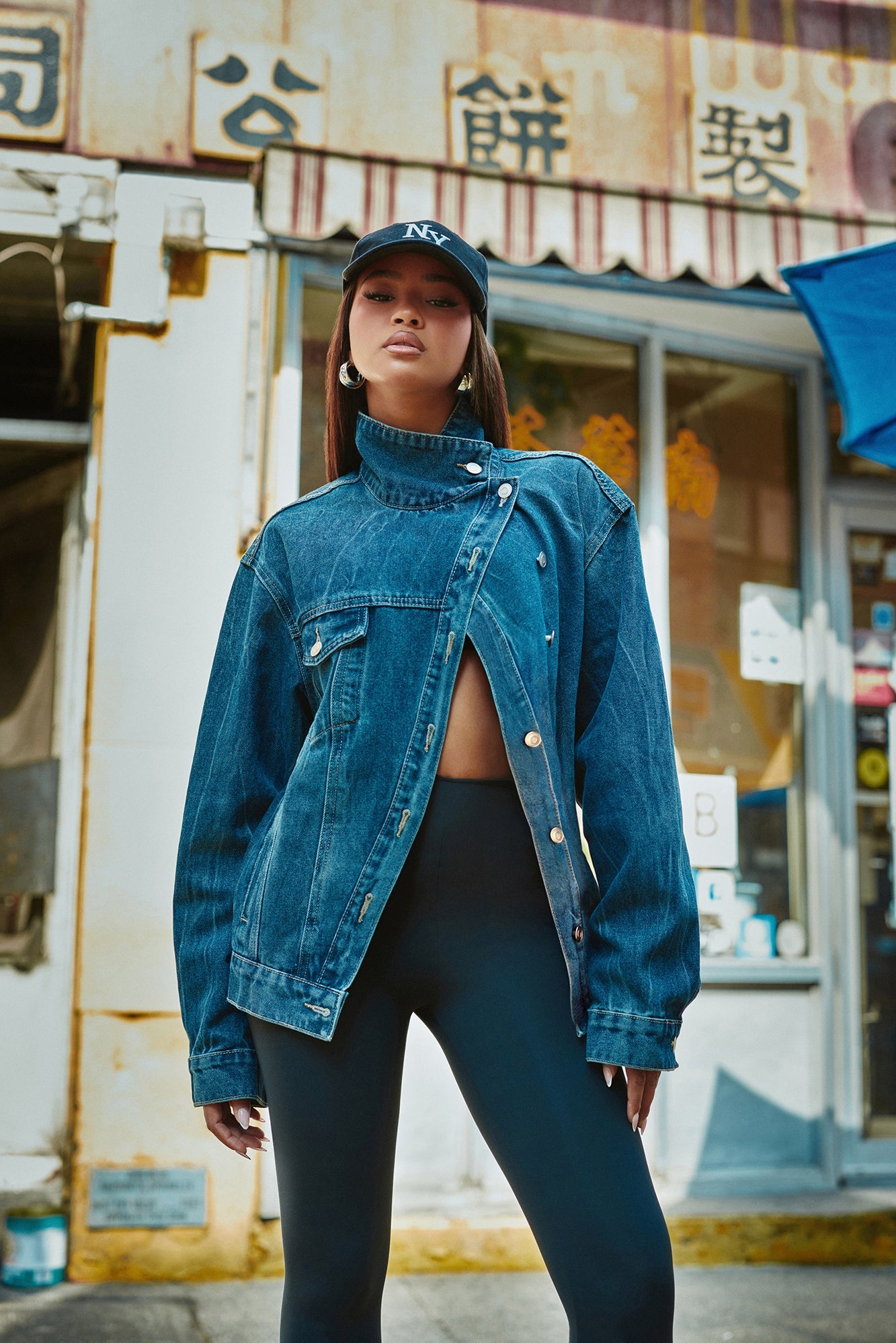 Elora Crossover Funnel Neck Denim Trucker Jacket - Dark Wash.