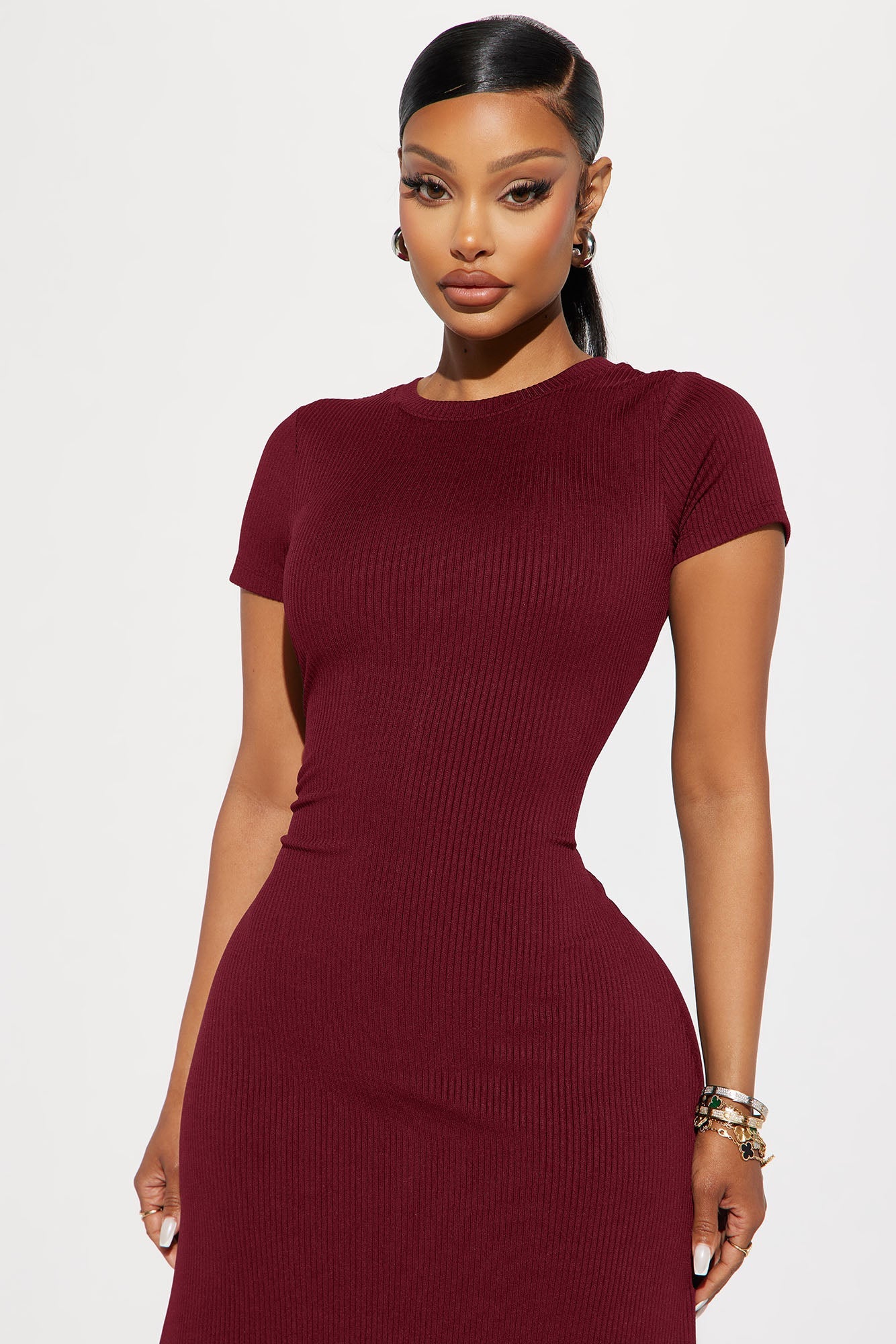 Madison Ribbed Midi Dress - Wine.