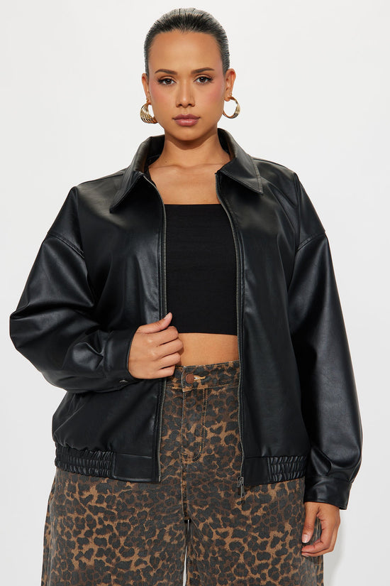 Hustle Mode Oversized Faux Leather Jacket - Black.