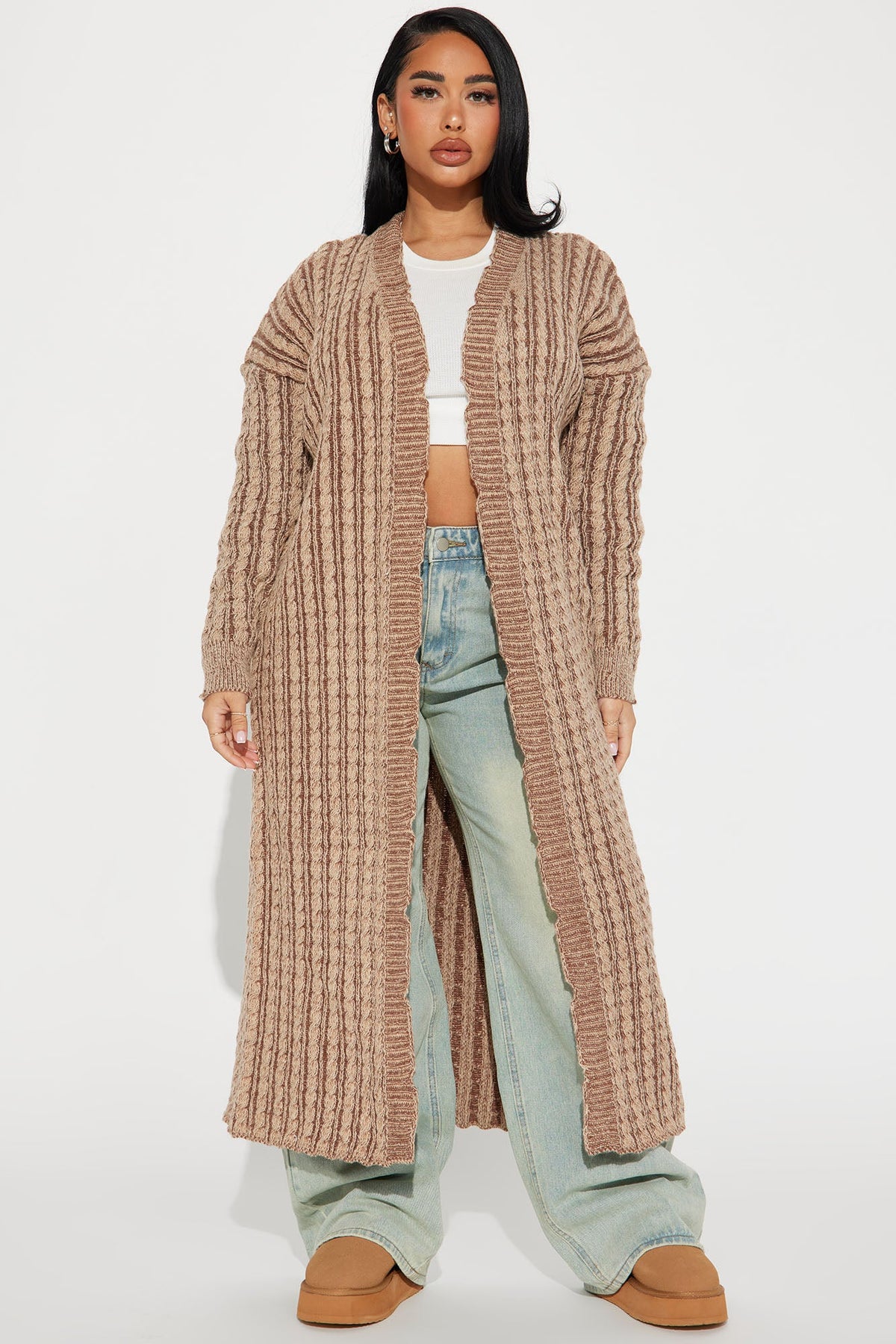 Street Chic Washed Long Cardigan - Mocha/combo.