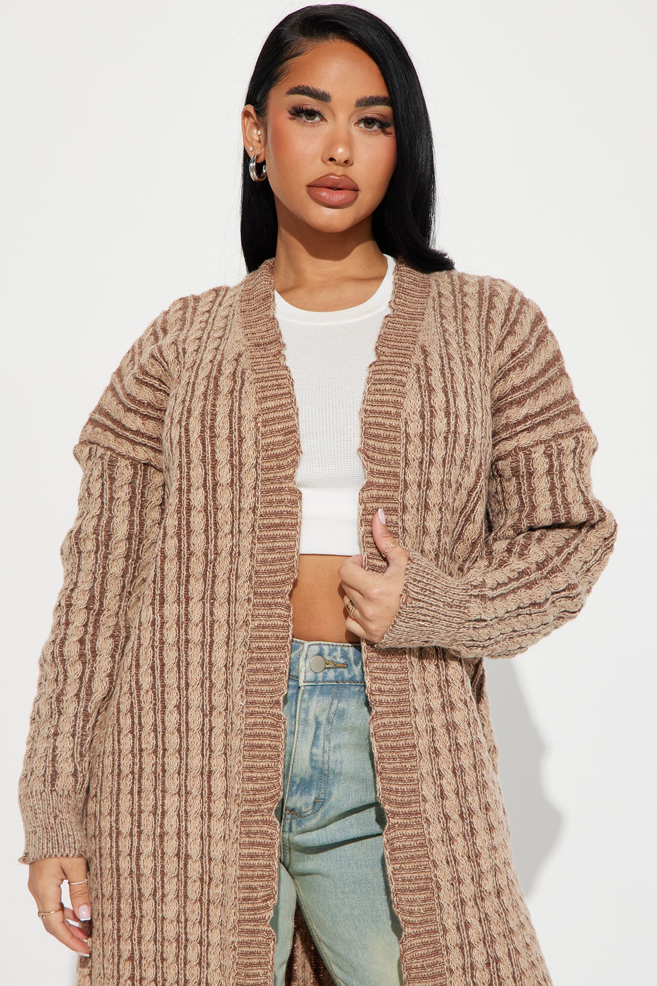 Street Chic Washed Long Cardigan - Mocha/combo.
