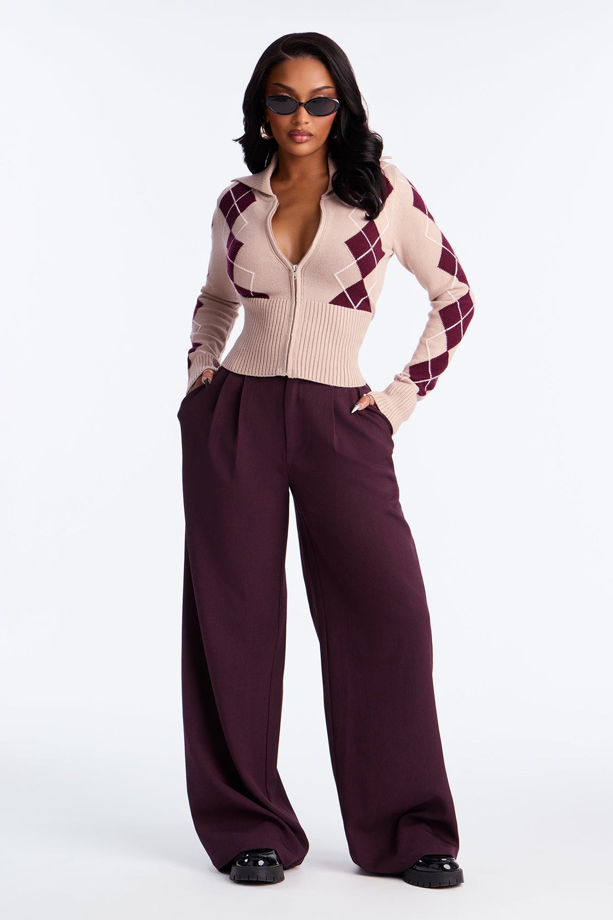 Status Update Front Zip Argyle Cardigan - Oatmeal/combo.