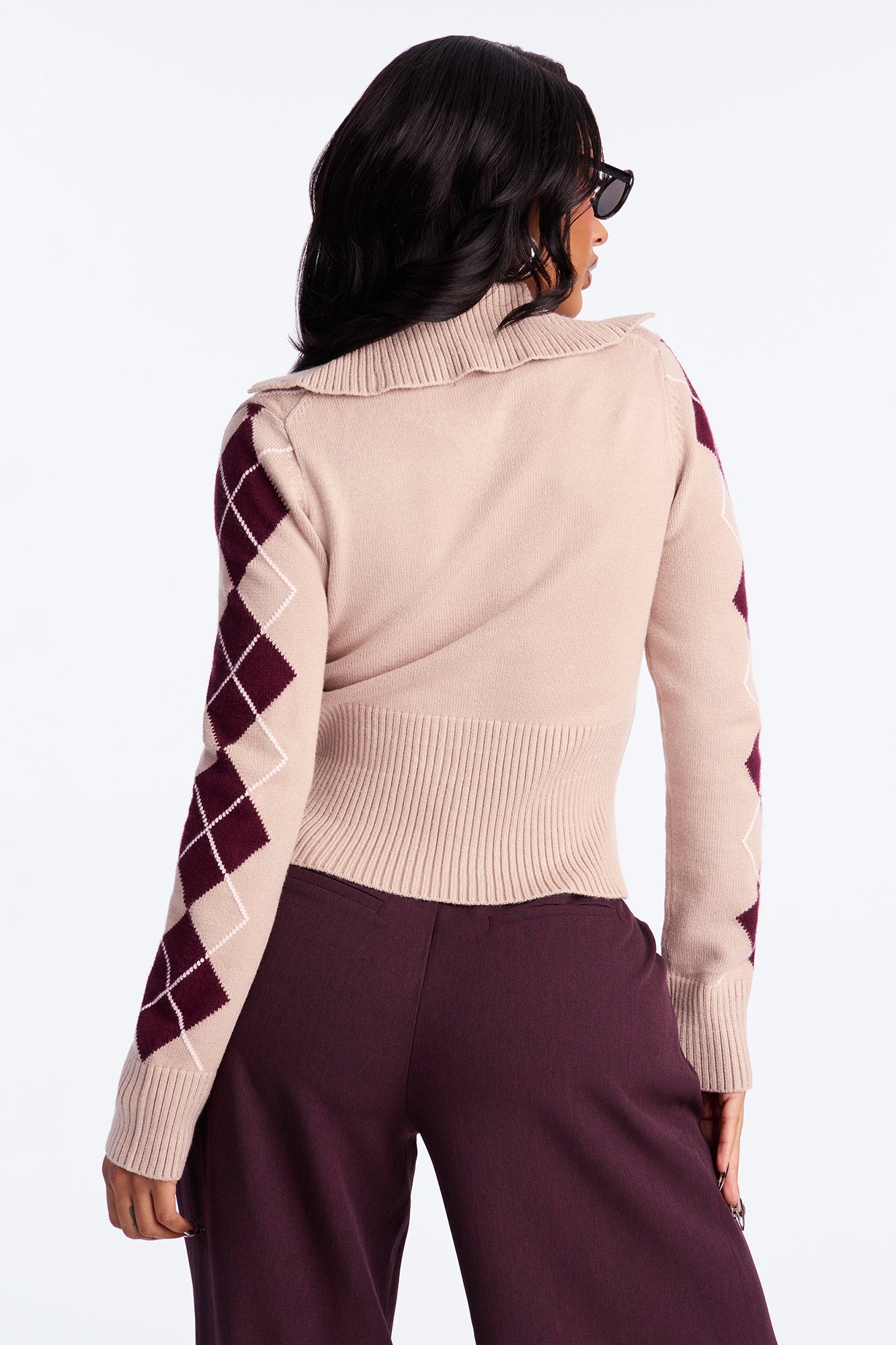 Status Update Front Zip Argyle Cardigan - Oatmeal/combo.