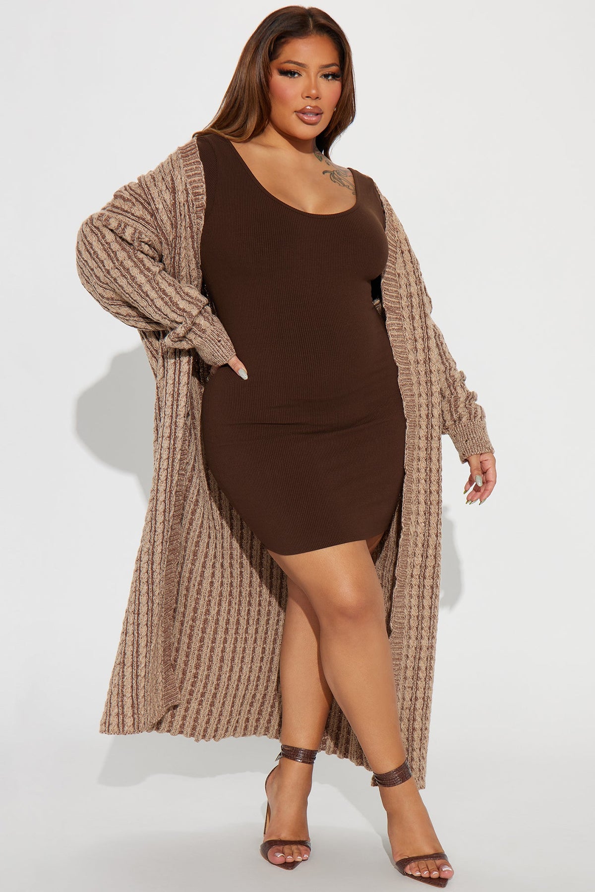 Street Chic Washed Long Cardigan - Mocha/combo.