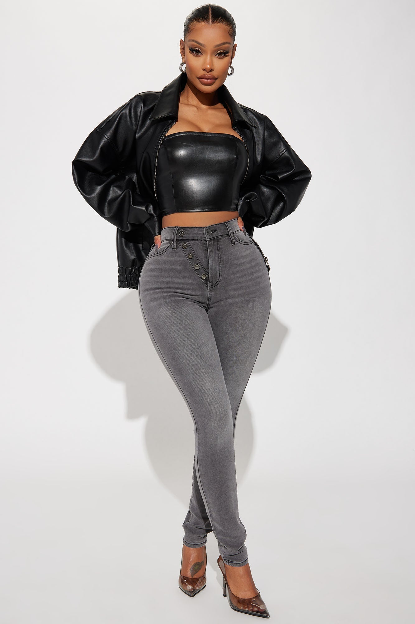 Hustle Mode Oversized Faux Leather Jacket - Black.