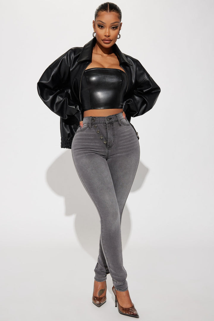 Hustle Mode Oversized Faux Leather Jacket - Black.
