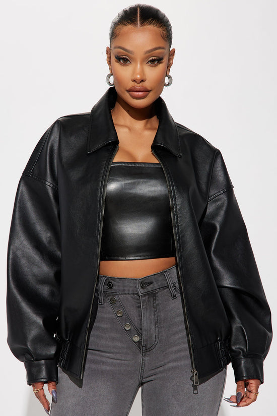 Hustle Mode Oversized Faux Leather Jacket - Black.