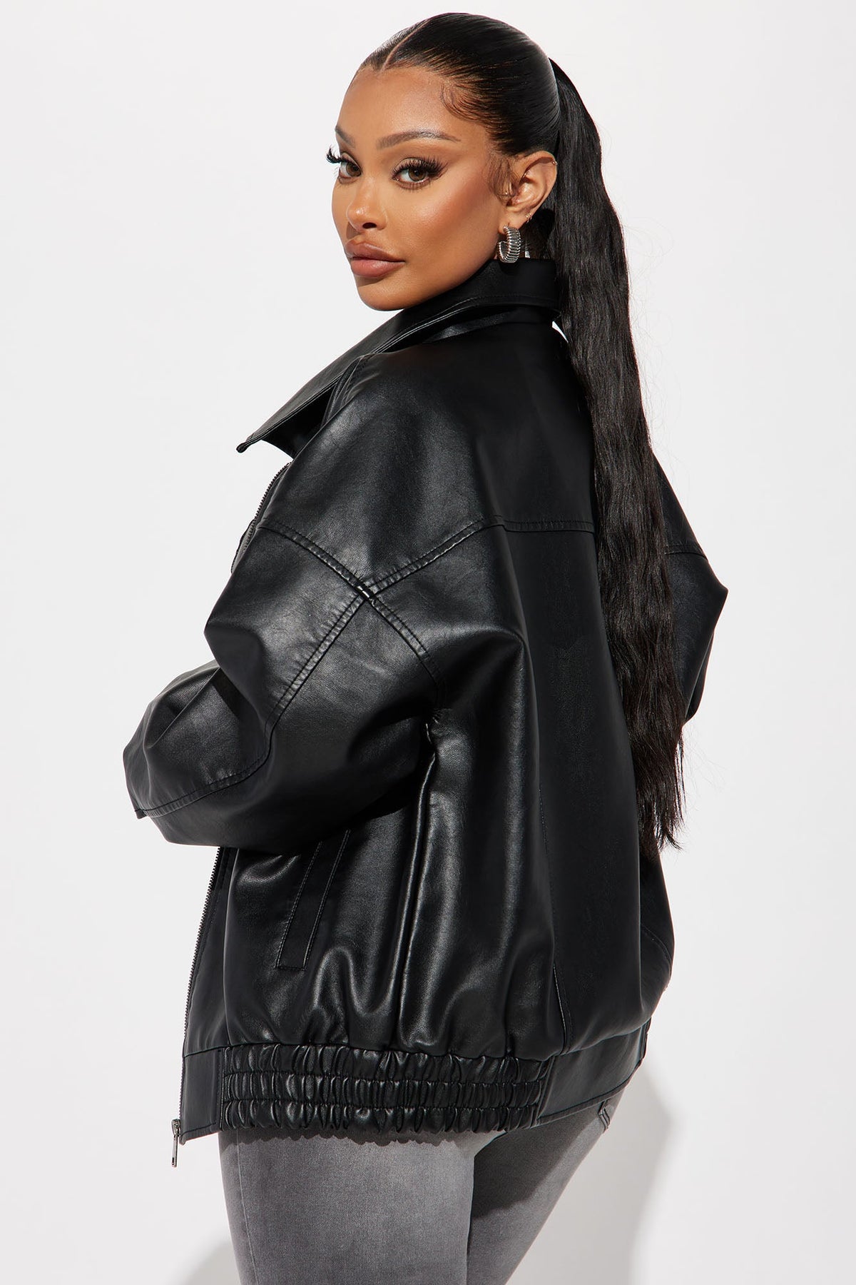 Hustle Mode Oversized Faux Leather Jacket - Black.