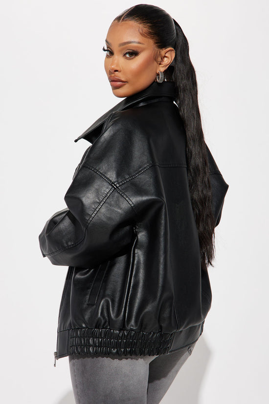 Hustle Mode Oversized Faux Leather Jacket - Black.
