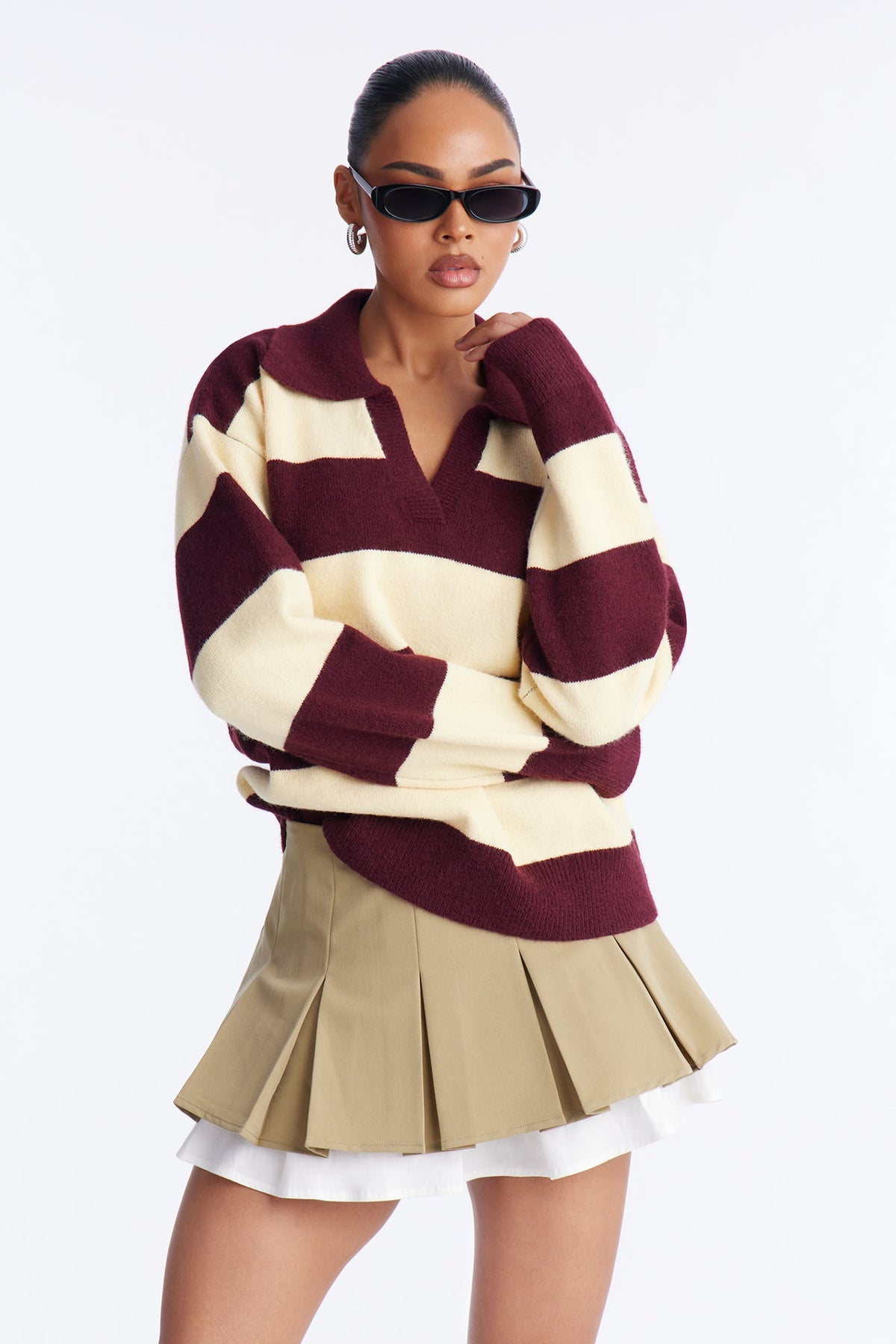 Study Date Collared Striped Sweater - Burgundy/combo.