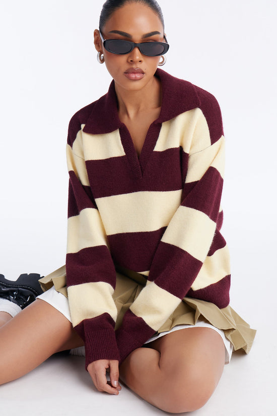 Study Date Collared Striped Sweater - Burgundy/combo.