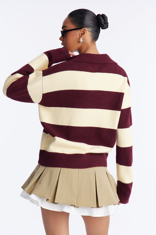 Study Date Collared Striped Sweater - Burgundy/combo.