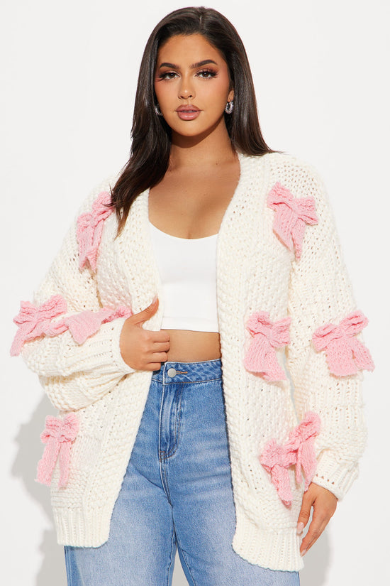 In My Bow Era Chunky Knit Cardigan - Pink/combo.