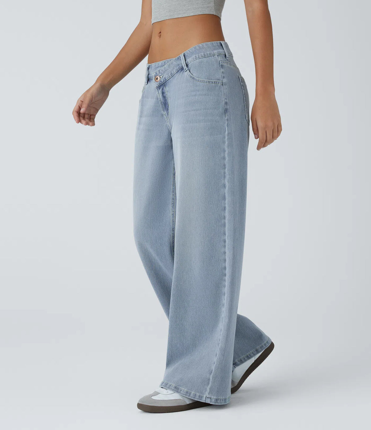 Halara Flex™ Low-rise, asymmetrical wide-leg jeans with a button