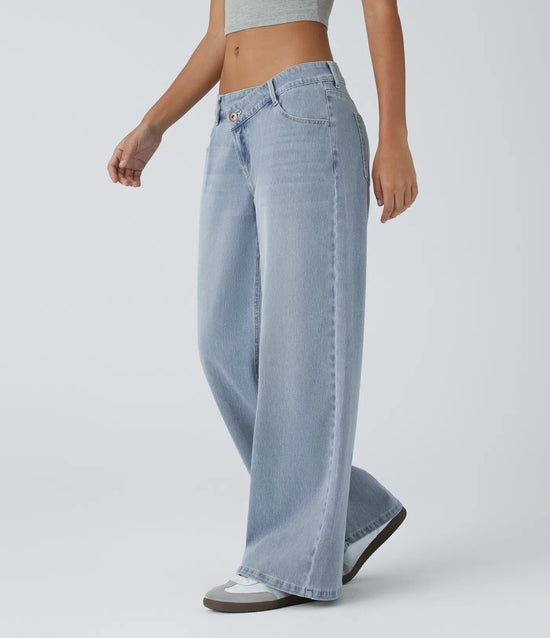 Halara Flex™ Low-rise, asymmetrical wide-leg jeans with a button