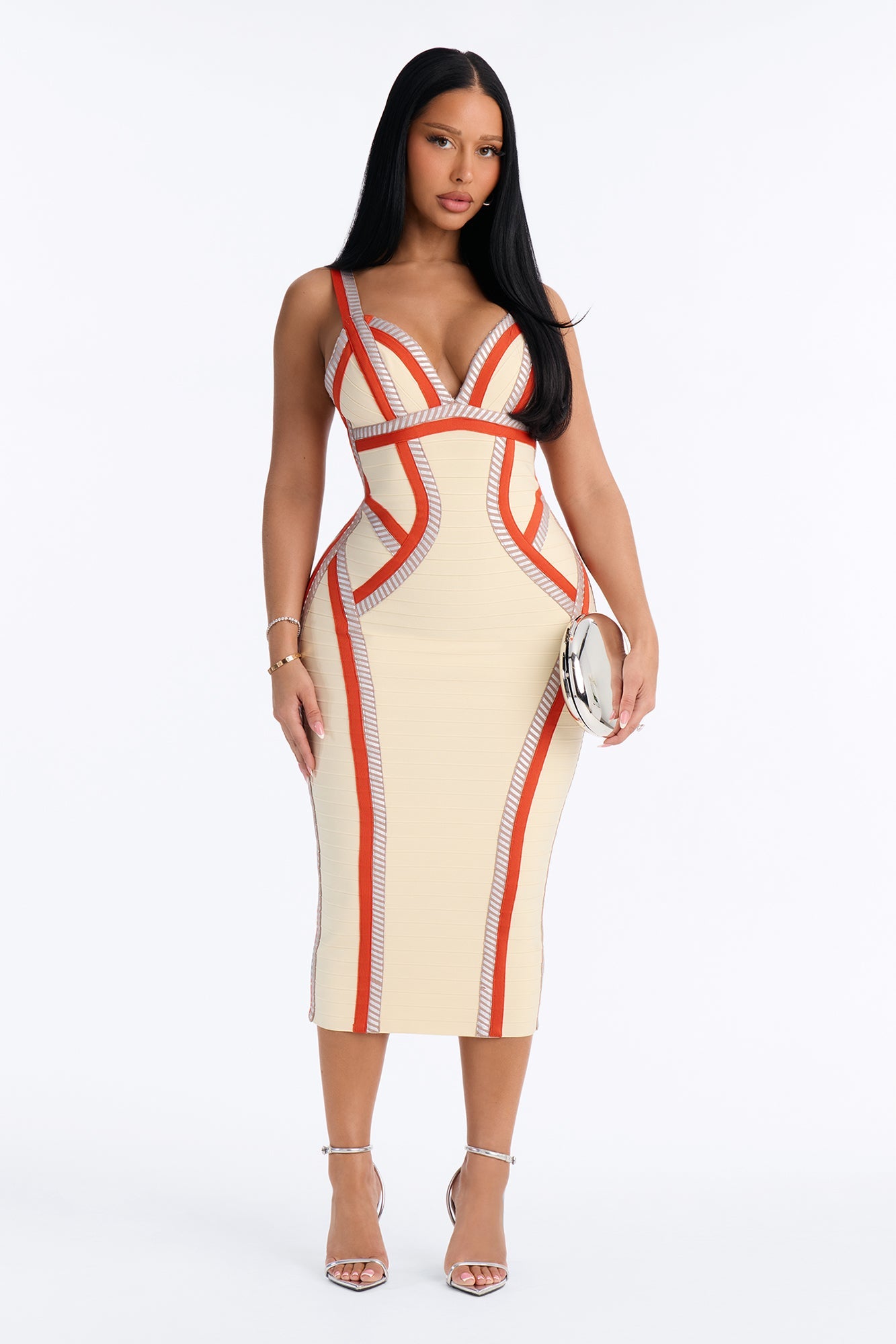 Courtney Contrast Trim Bandage Midi Dress - Cream/combo.