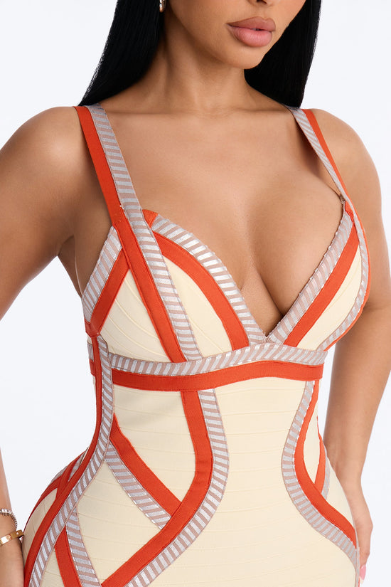 Courtney Contrast Trim Bandage Midi Dress - Cream/combo.